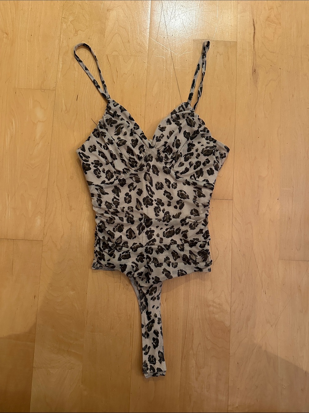 Meraki Leopard Print Beige and Black V-Neck Bodysuit